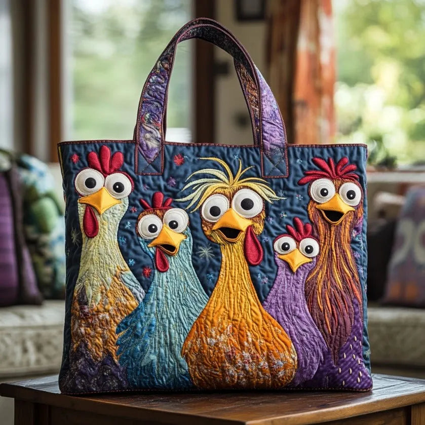 Animal Print Quilted Tote Bag with Five Colourful Hens design