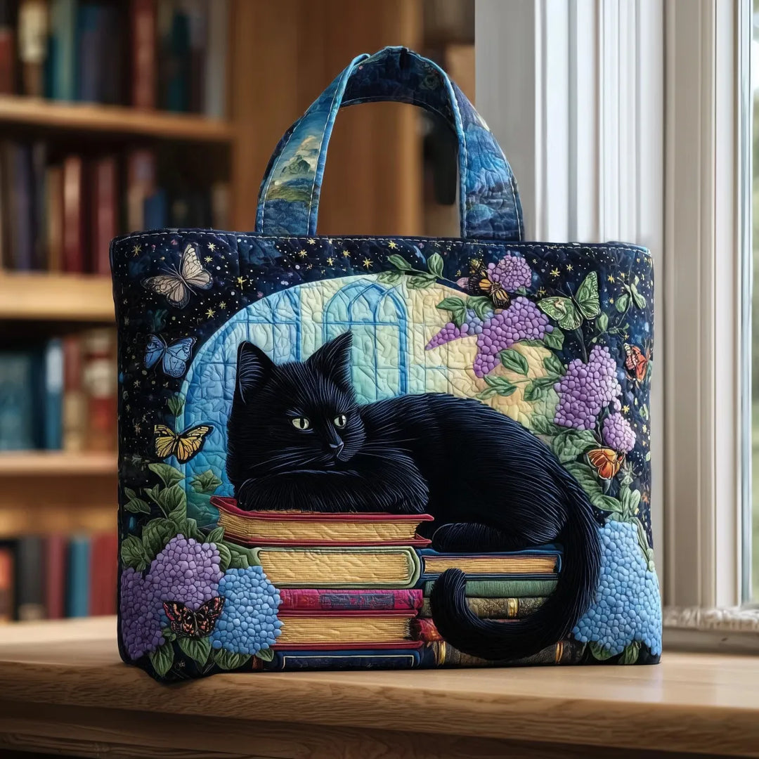 Animal Print Quilted Tote Bag with Black Cat Sitting on Books design