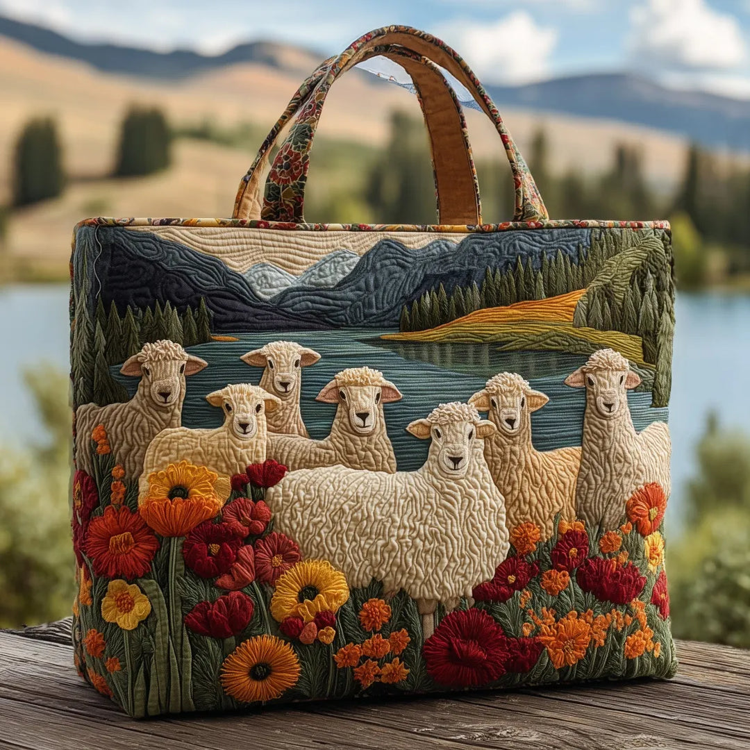 Animal Print Quilted Tote Bag with Sheep by the Lake design