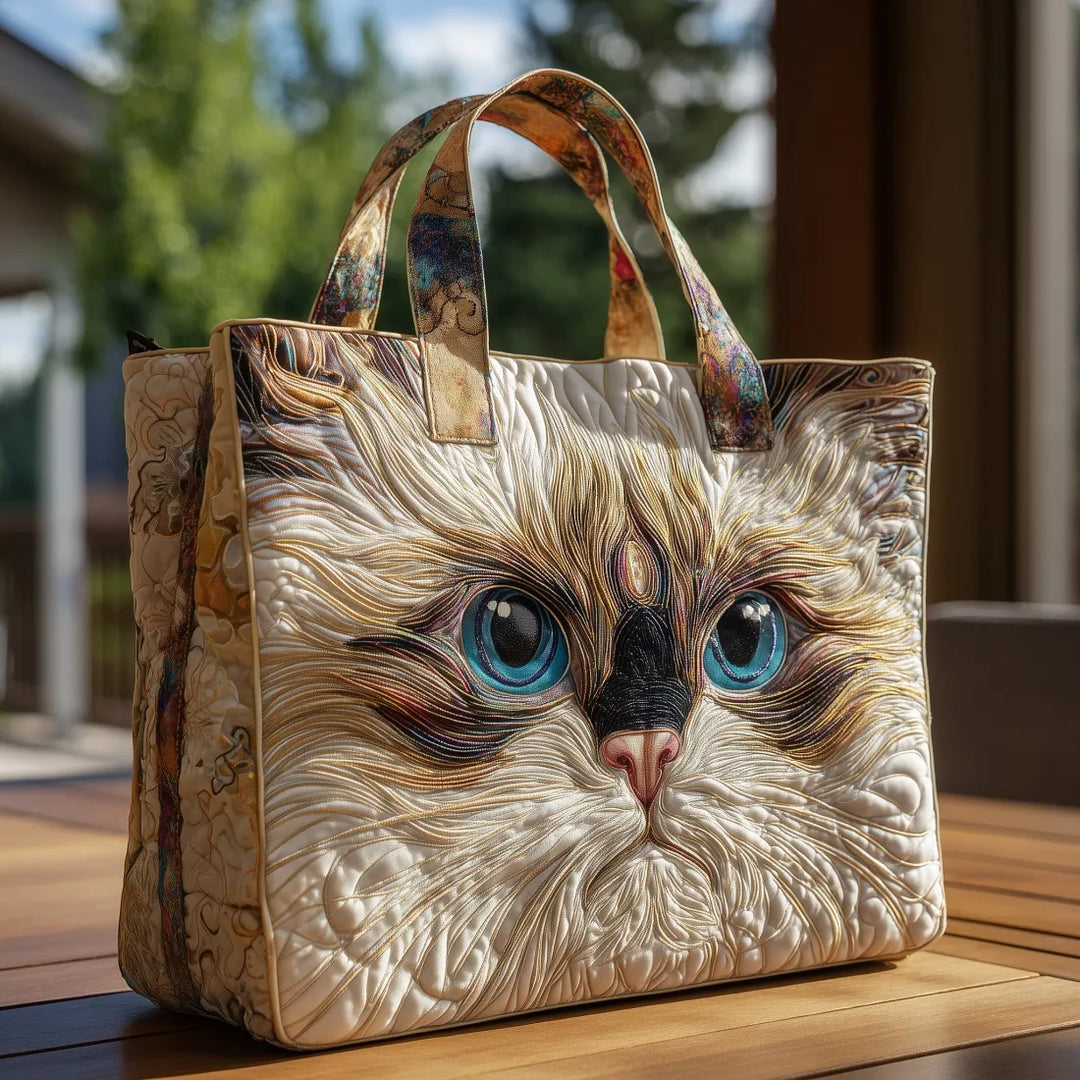Animal Print Quilted Tote Bag with White Cat with Blue Eyes design