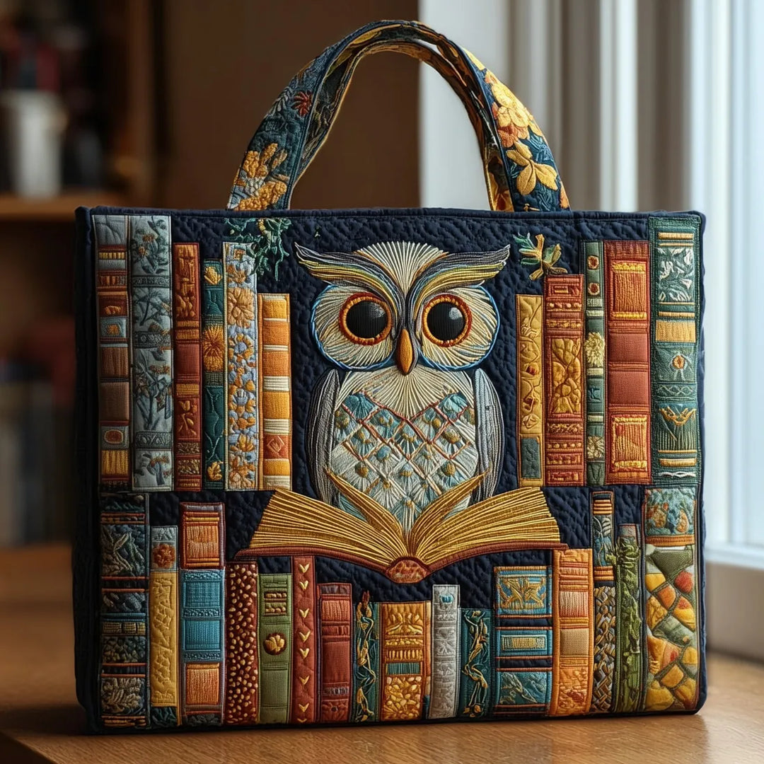 Animal Print Quilted Tote Bag with Owl and Antique Books design