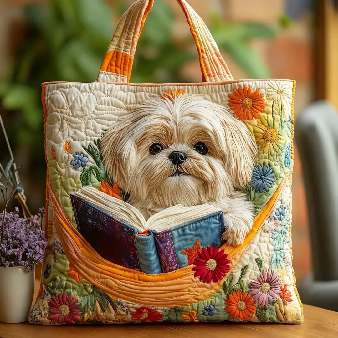 Floral Quilted Shoulder Bag with Shih Tzu, Books and Flowers design