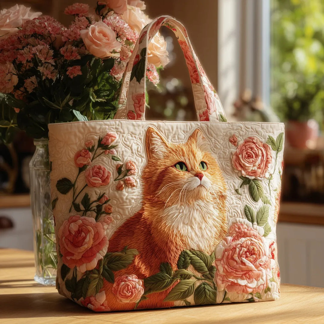 Floral Quilted Shoulder Bag with Red Cat and Roses design