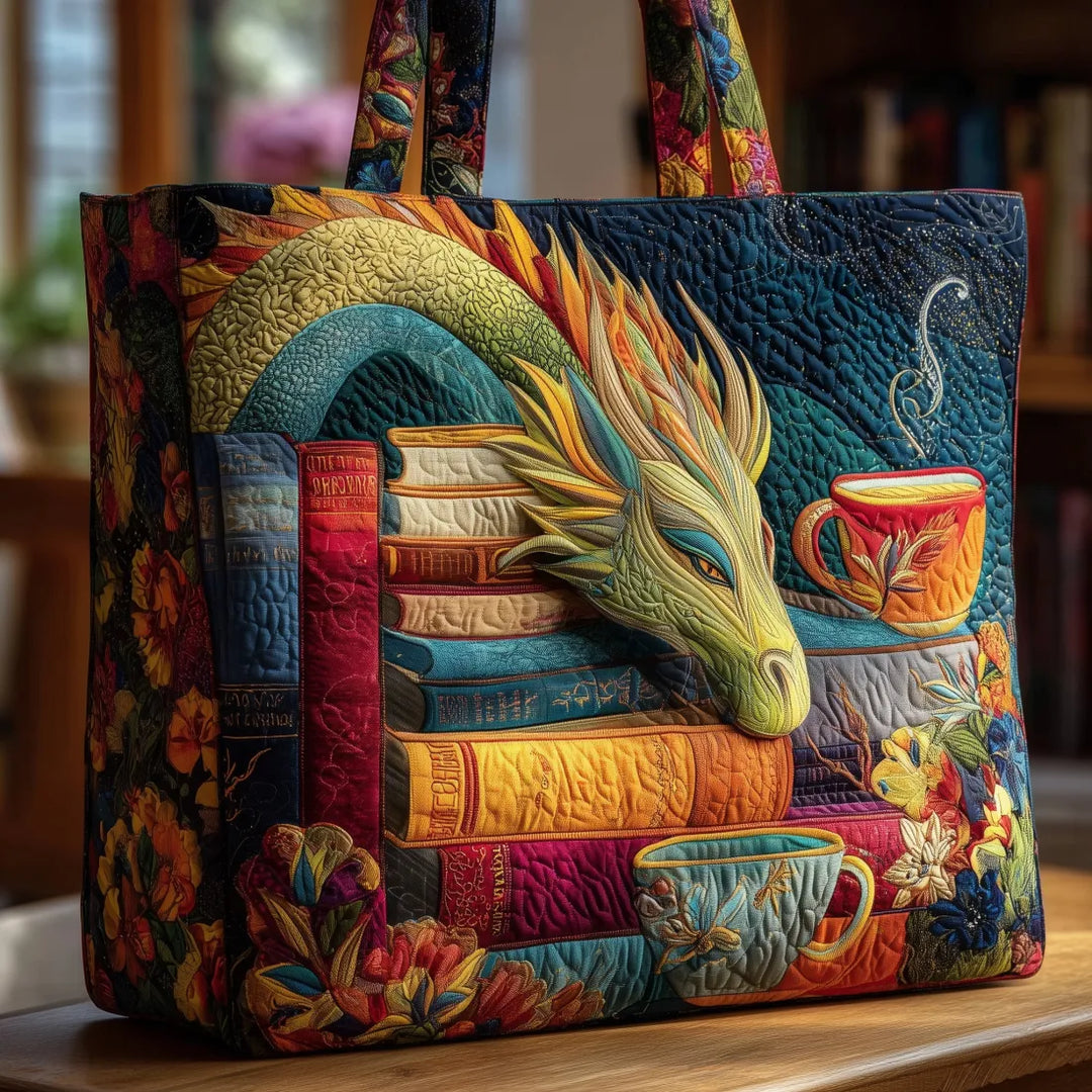 Quilted Everyday Shoulder Bag with Dragon, Books and Mugs design
