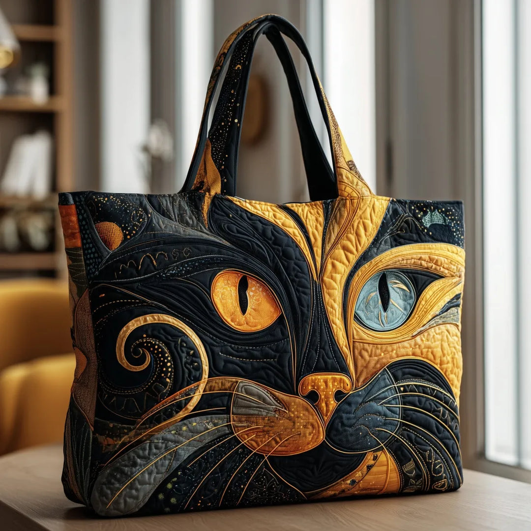 Animal Print Quilted Tote Bag with Mysterious Cat design