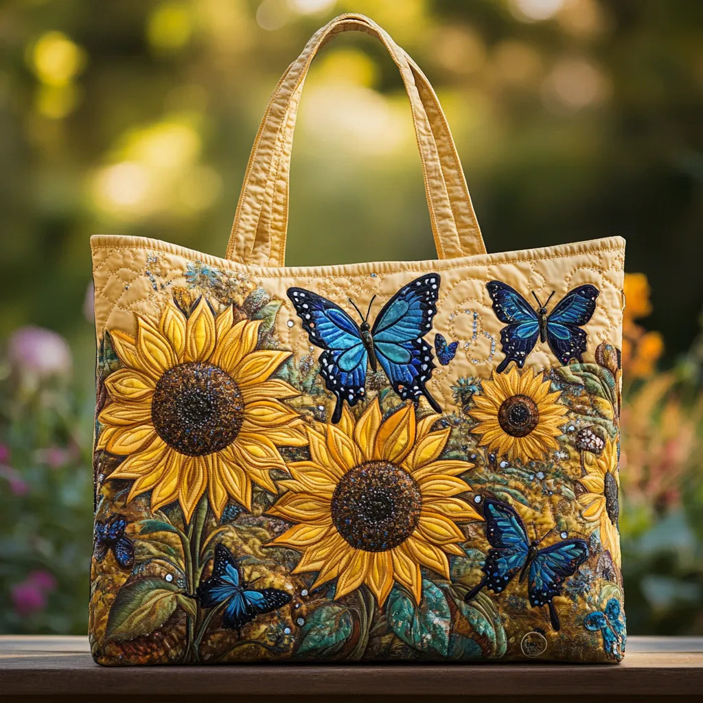 Floral Quilted Shoulder Bag with Sunflowers and Blue Butterflies design