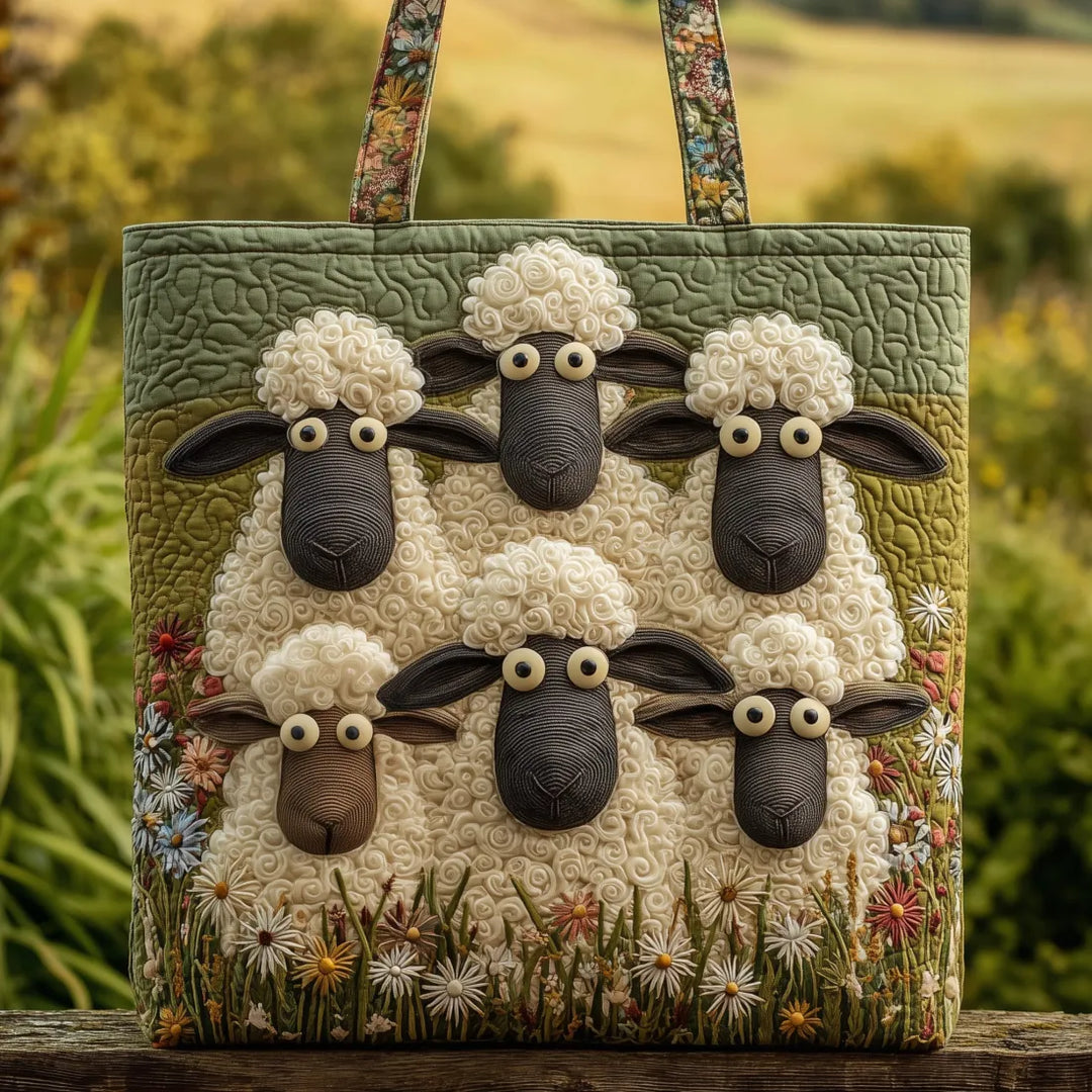 Animal Print Quilted Tote Bag with Five Sheep design