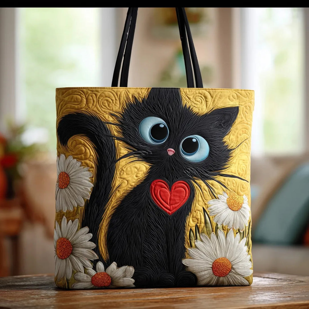 Animal Print Quilted Tote Bag with Black Cat and Daisies design