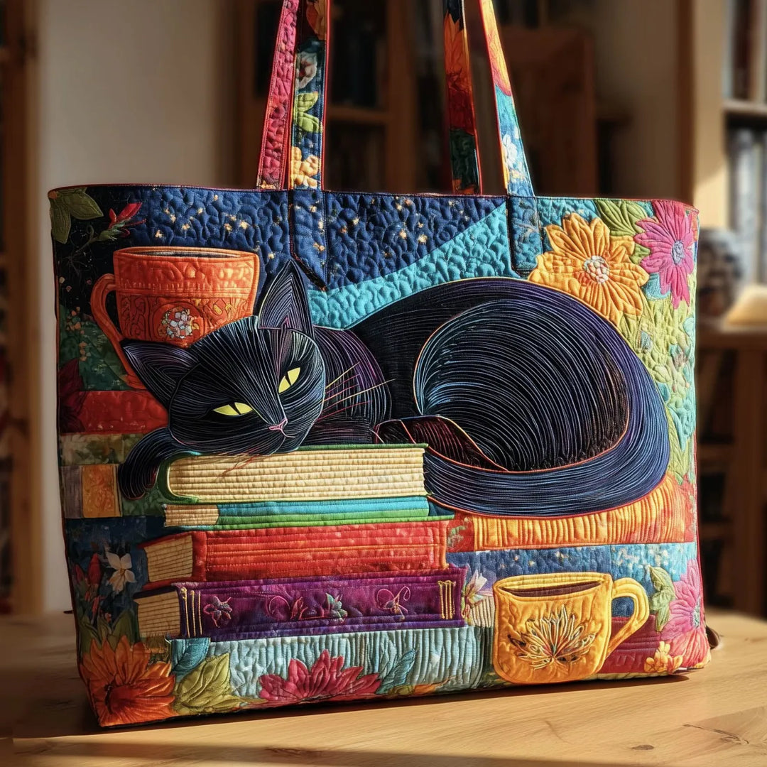 Animal Print Quilted Tote Bag with Black Cat, Books and Mugs design