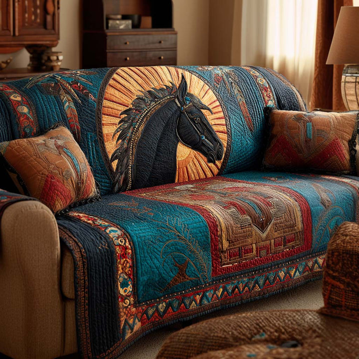 Quilted Sofa Cover with Blue Horse NCU0XD1824