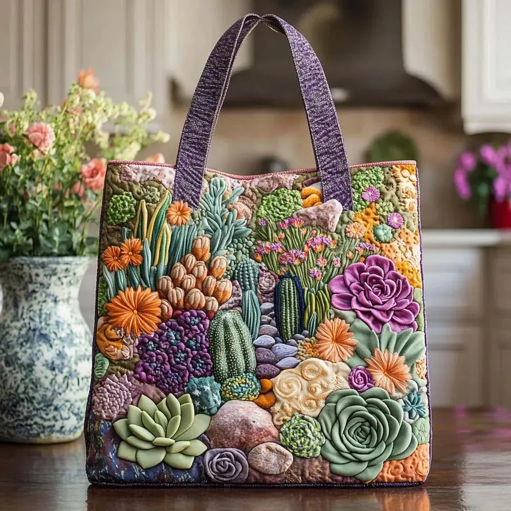 Floral Quilted Shoulder Bag with Succulent Garden design