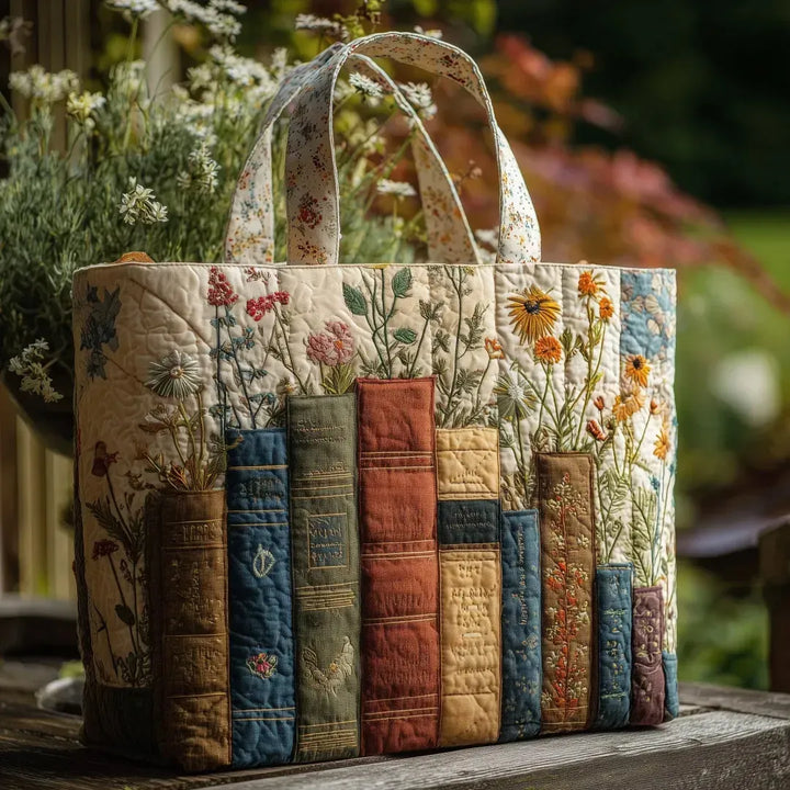 Floral Quilted Shoulder Bag with Books and Flowers design