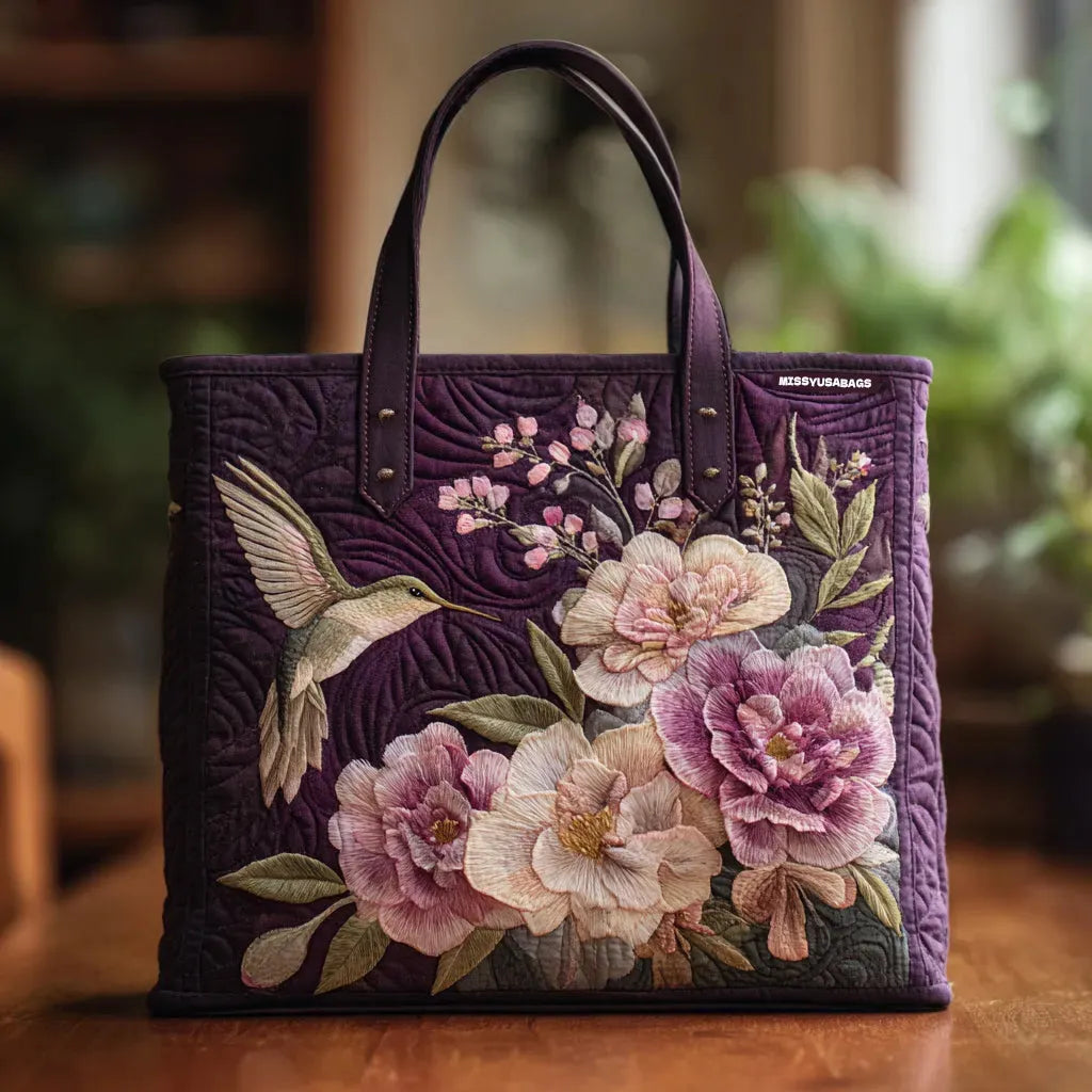 Floral Quilted Shoulder Bag with Hummingbirds and Orchids design