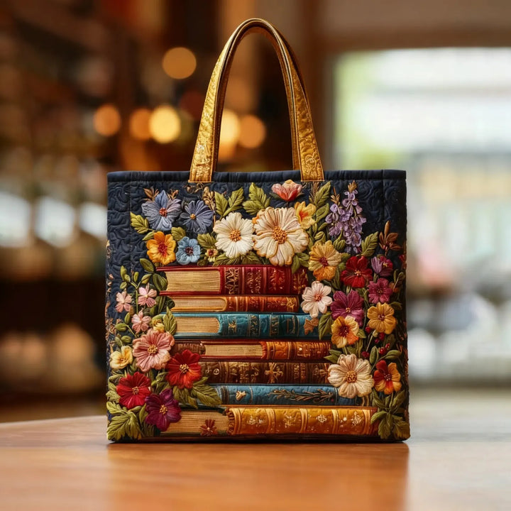 Floral Quilted Shoulder Bag with Floral Print and Books design