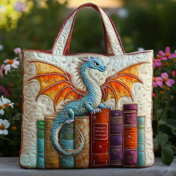 Quilted Everyday Shoulder Bag with Dragon Guarding the Books design