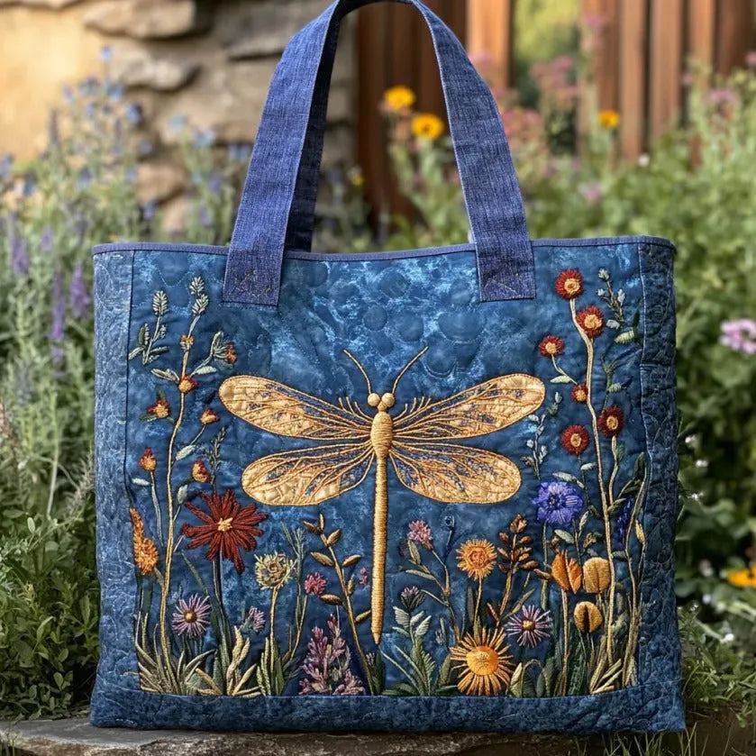 Quilted Everyday Shoulder Bag with Golden Dragonfly design