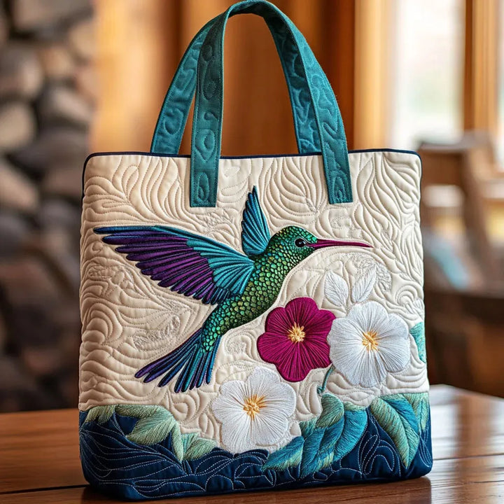 Floral Quilted Shoulder Bag with Hummingbird and White Flower design