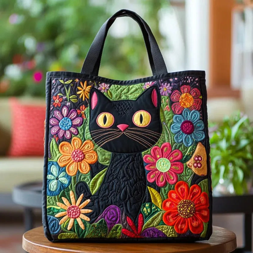 Animal Print Quilted Tote Bag with Black Cat design