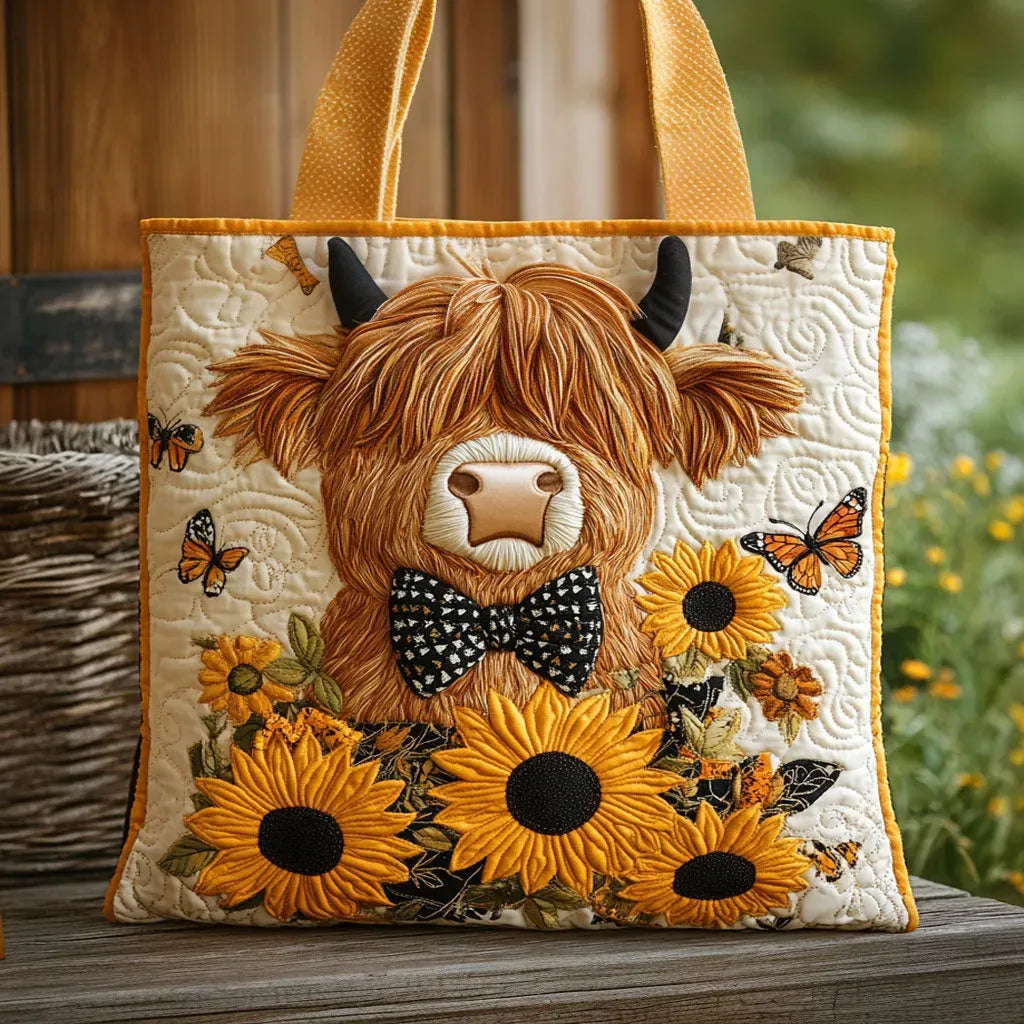 Floral Quilted Shoulder Bag with Cow and Sunflowers design
