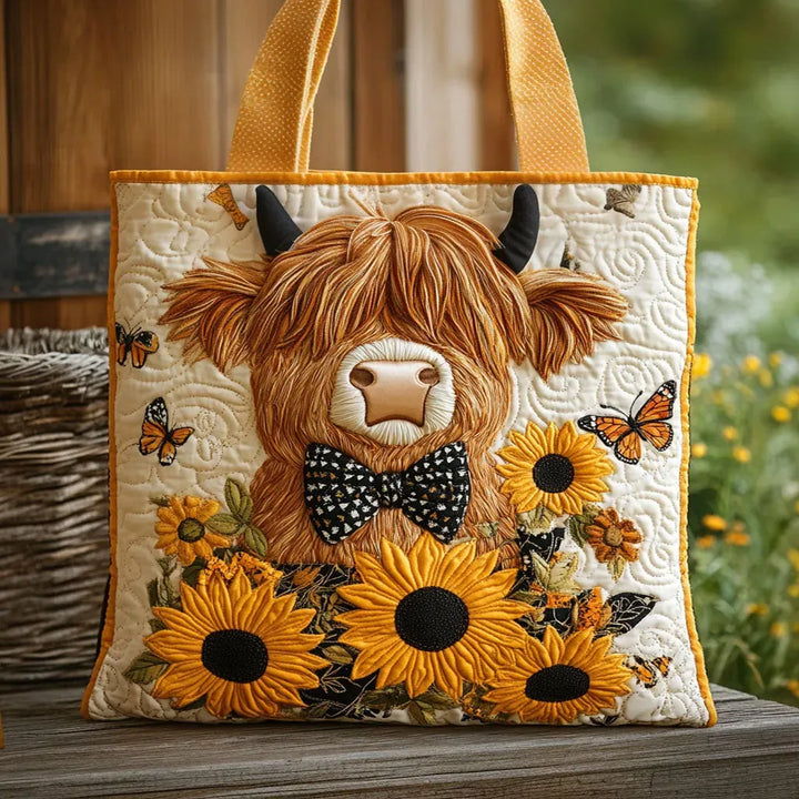 Floral Quilted Shoulder Bag with Cow and Sunflowers design