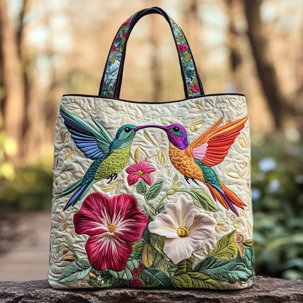 Floral Quilted Shoulder Bag with Hummingbirds and White Flowers design