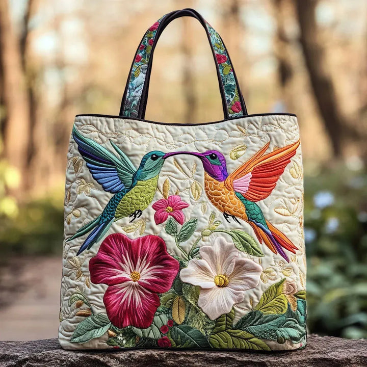 Floral Quilted Shoulder Bag with Hummingbirds and White Flowers design