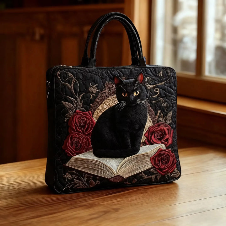 Animal Print Quilted Tote Bag with Black Cat and Books design