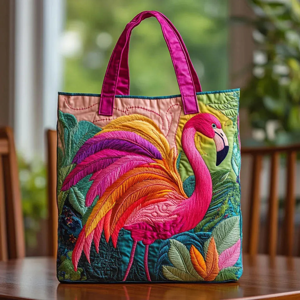Quilted Everyday Shoulder Bag with Rainbow Flamingo design