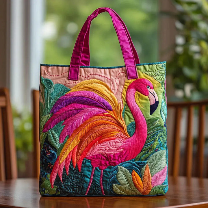 Quilted Everyday Shoulder Bag with Rainbow Flamingo design