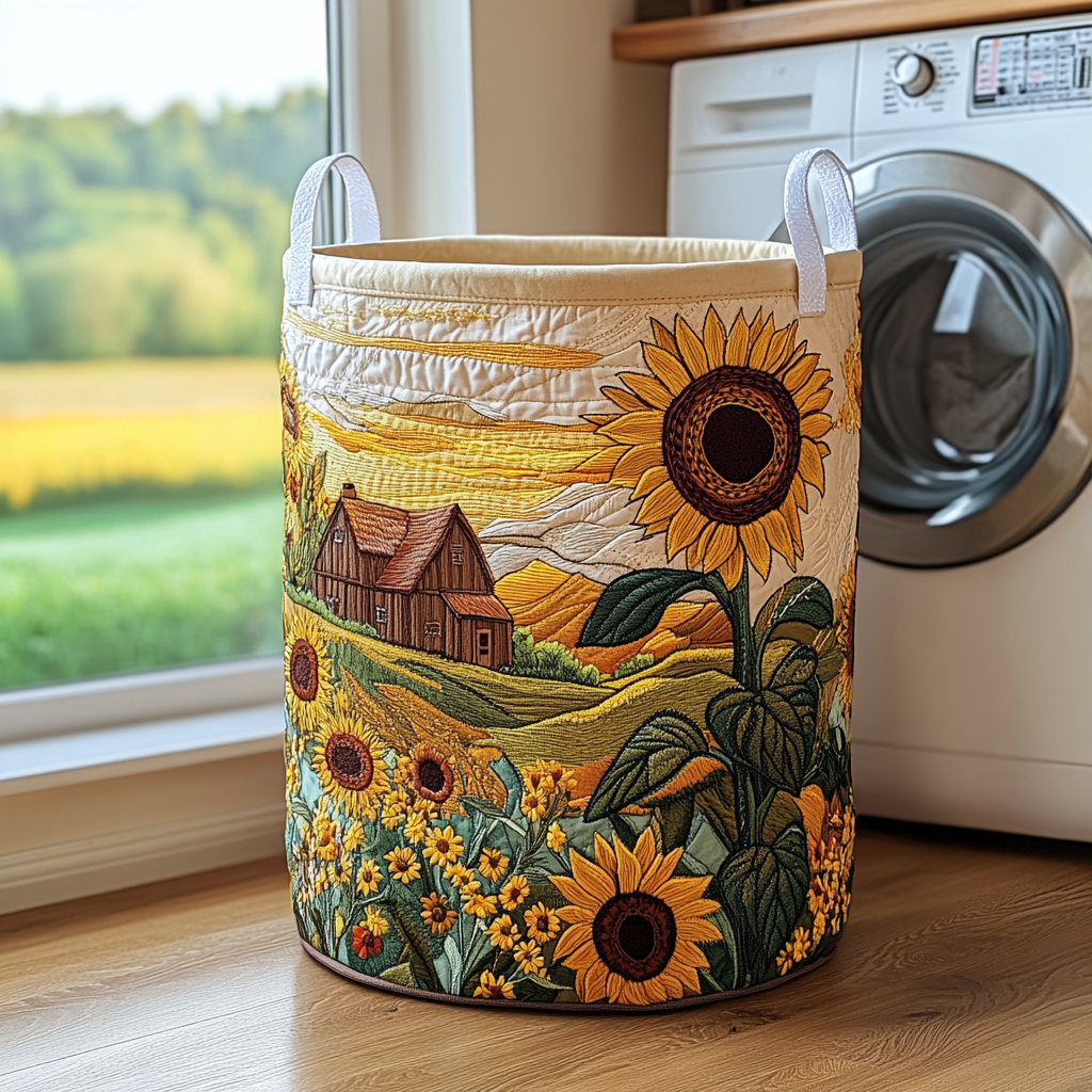 Quilted laundry basket with barn and flower meadow NCU0DDK797