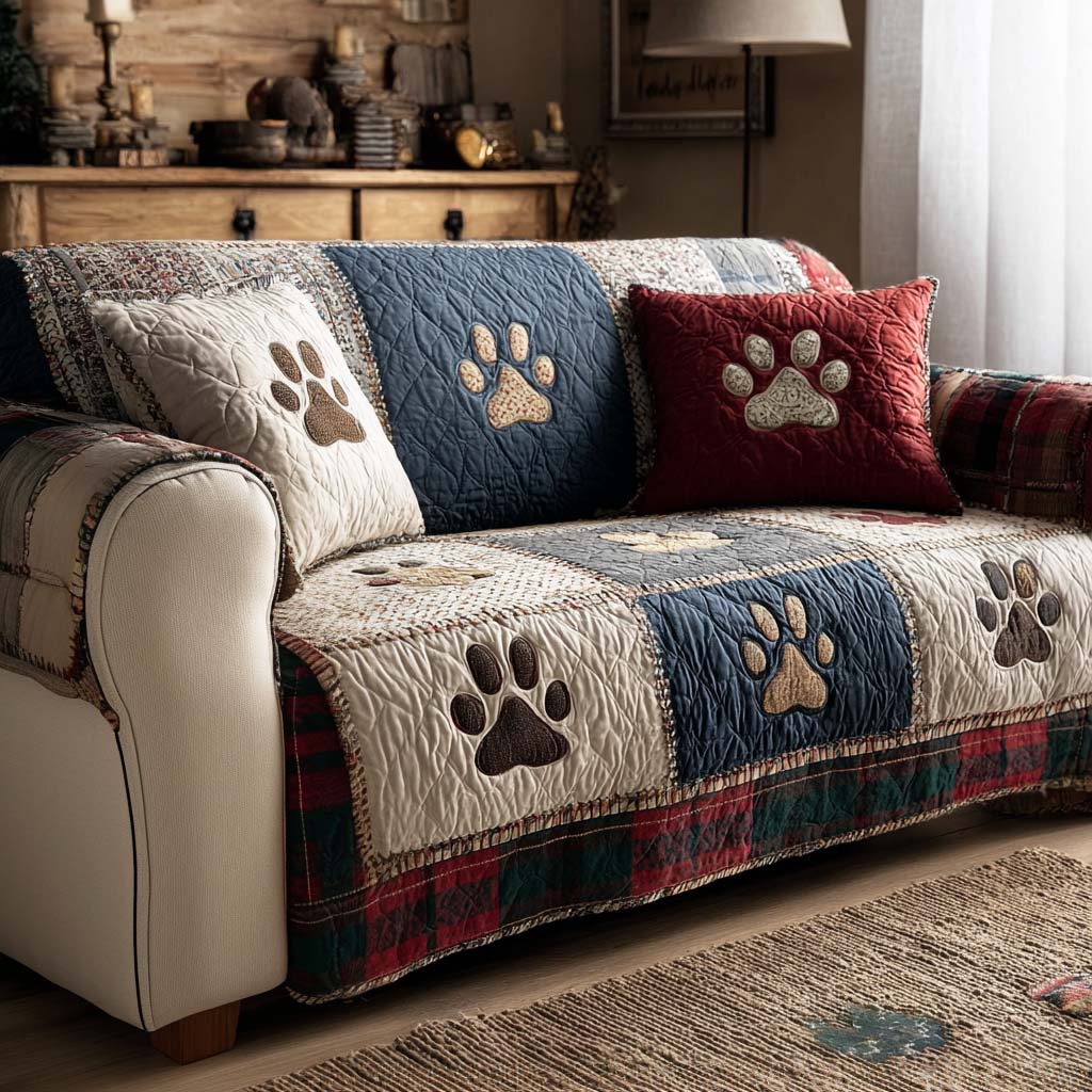 Quilted sofa cover with best friend paws NCU0NT11186