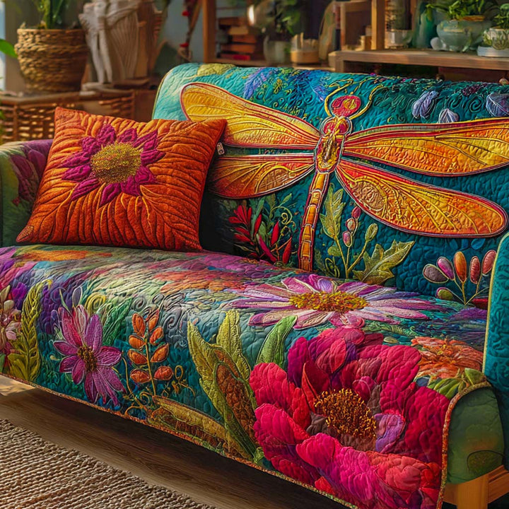 Quilted sofa cover with dragonflies and flowers NCU0XD1637