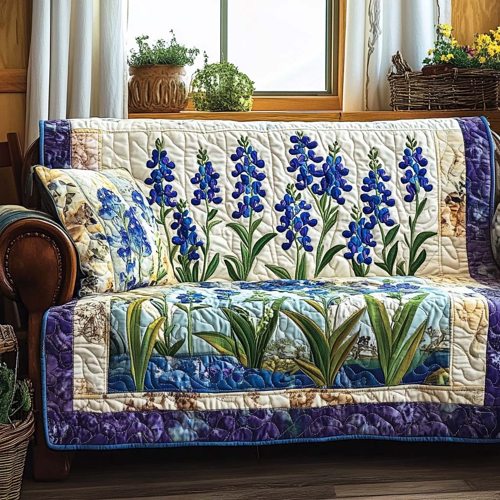 Quilted sofa cover with blue wildflowers NCU0NT10796
