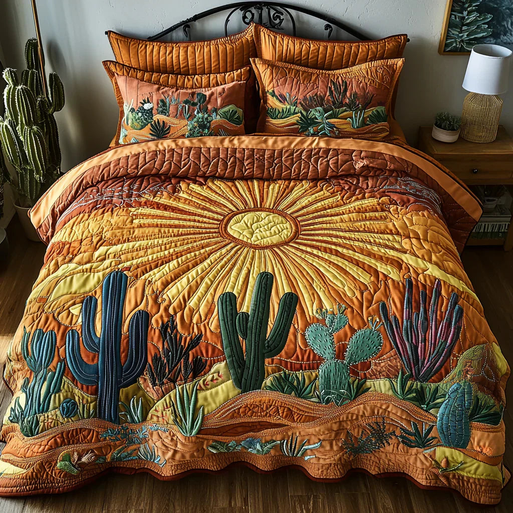 Quilted Bed Cover 3 Pieces - Dawn Over the Cacti