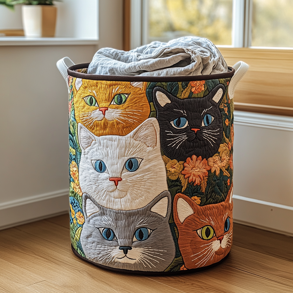 Quilted laundry basket with cats and flowers NCU0DDK803