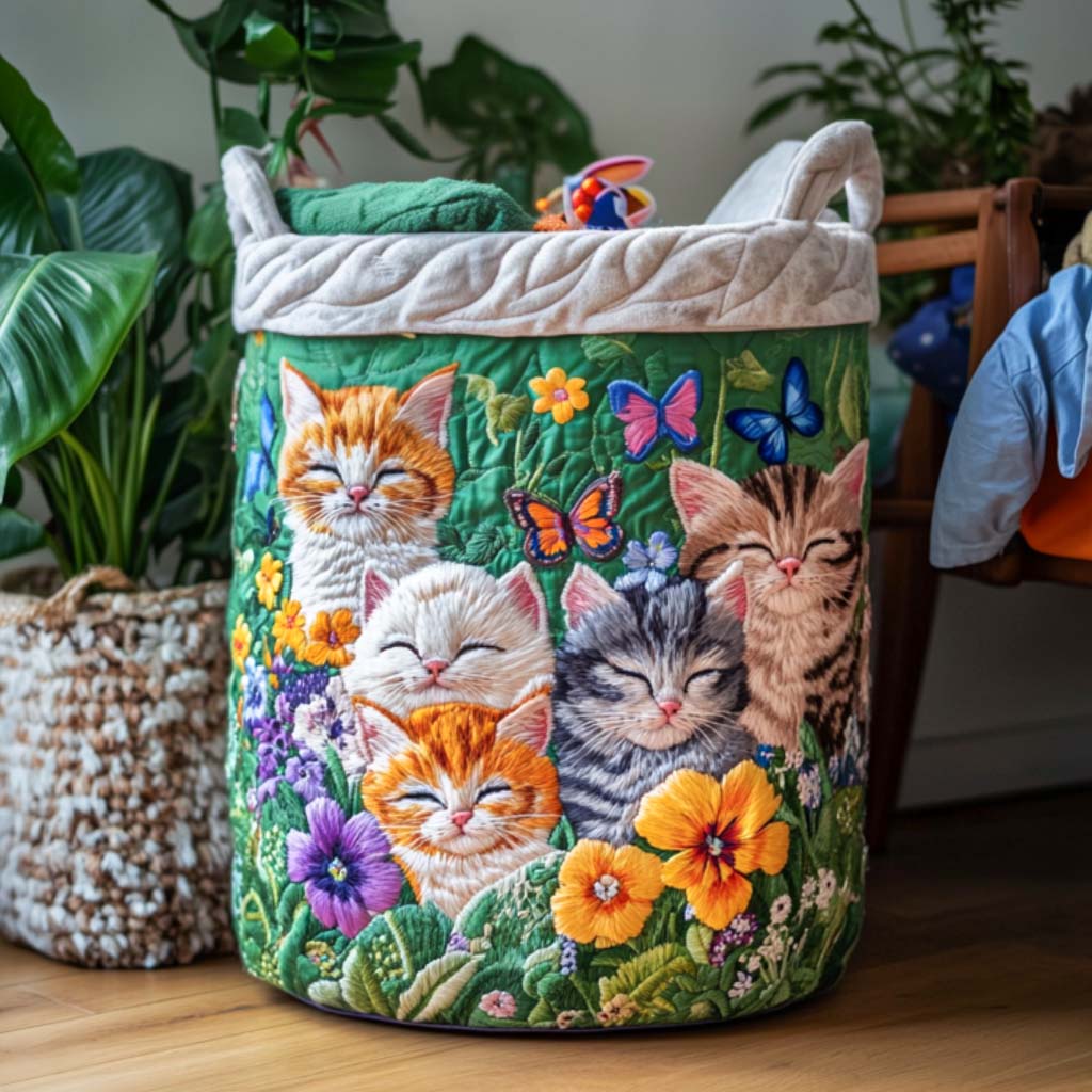 Quilted laundry basket with cozy cat NCU0NNT1325