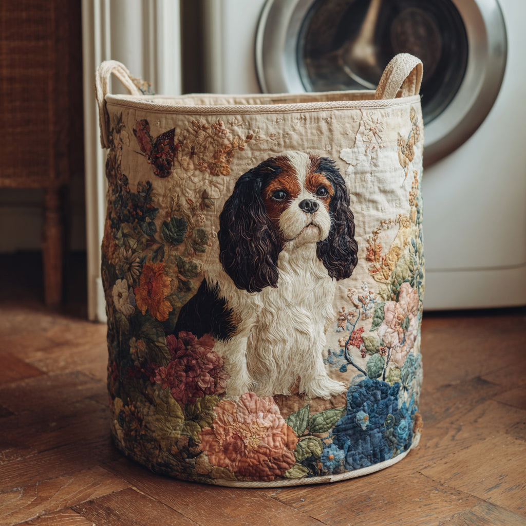 Quilted laundry basket with Cavalier King Charles and flowers NCU0HNH456