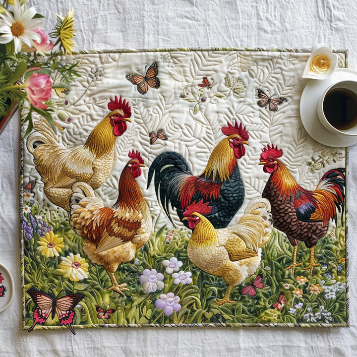 Quilted Placemat with Charming Chickens and Flowers NCU0TL071