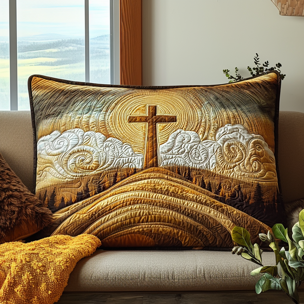 Quilted Pillow Cover with Christian Cross at Dawn NCU0DV6474