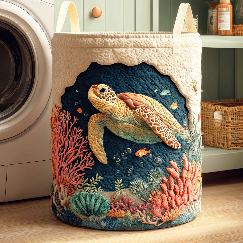 Quilted laundry basket with sea turtle NCU0NTD387