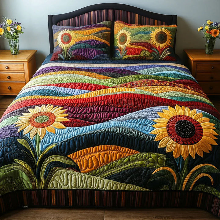 Quilted Bed Cover Set - Sunflower Field