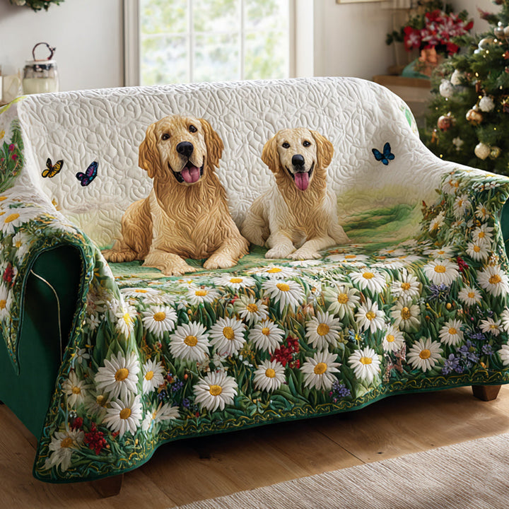 Quilted Sofa Cover with Golden Retrievers and Daisies NCU0HH983