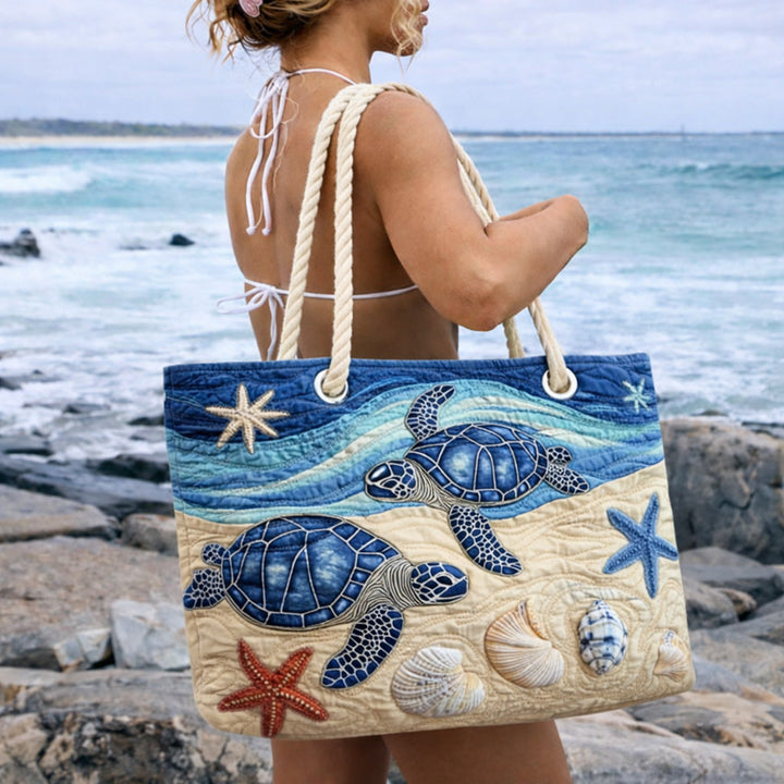 Turtle in the Open Ocean quilted beach bag in large summer tote style