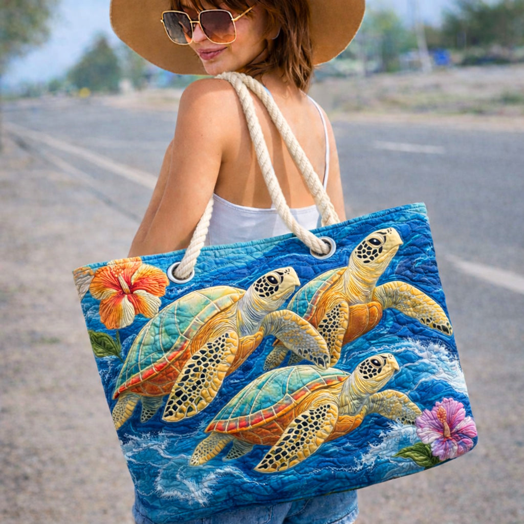 Ocean Turtle quilted beach bag in large summer tote style