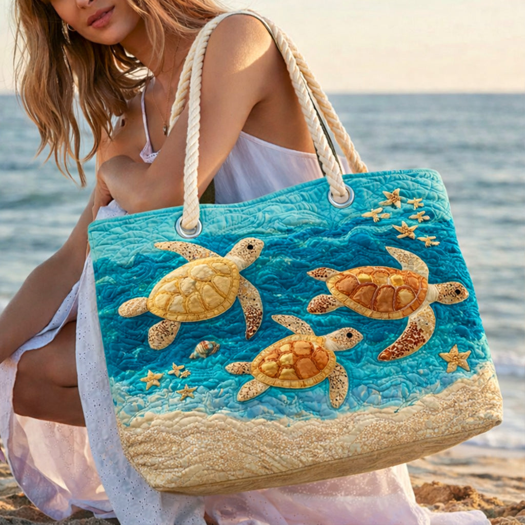 Golden Coastal Turtle quilted beach bag in large summer tote style