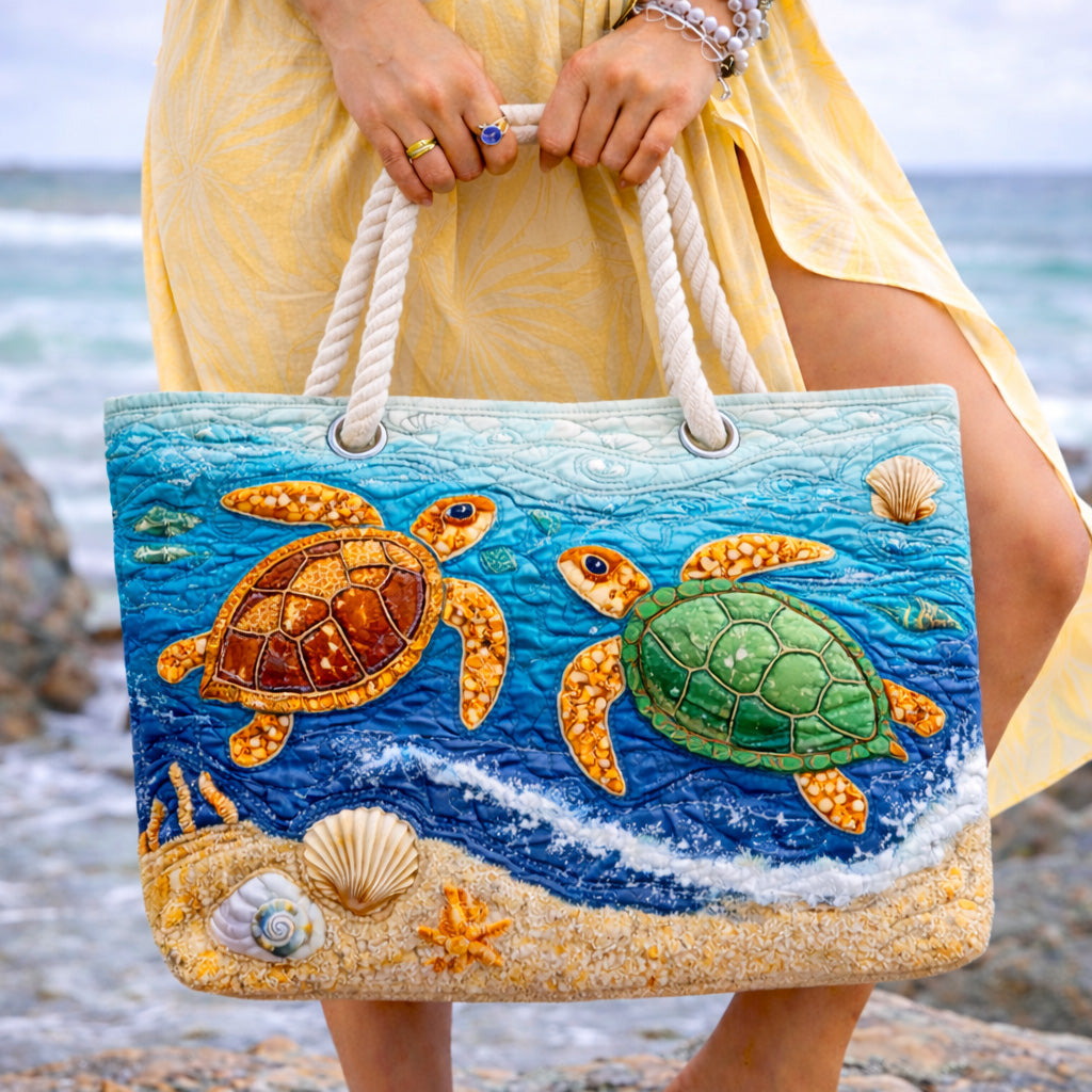 Tropical Turtle quilted beach bag in large summer tote style