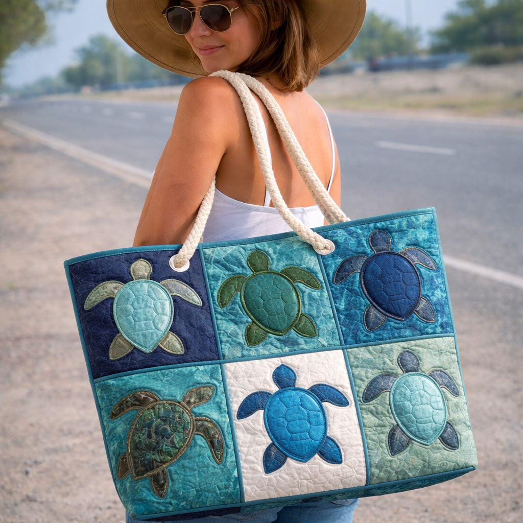 Blue Sea Turtle quilted beach bag in large summer tote style