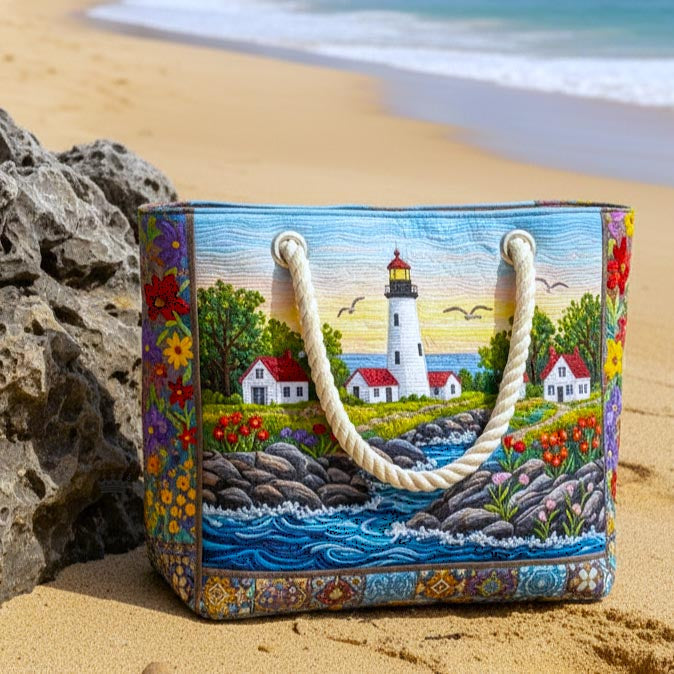 Coastal Lighthouse quilted beach bag in large summer tote style