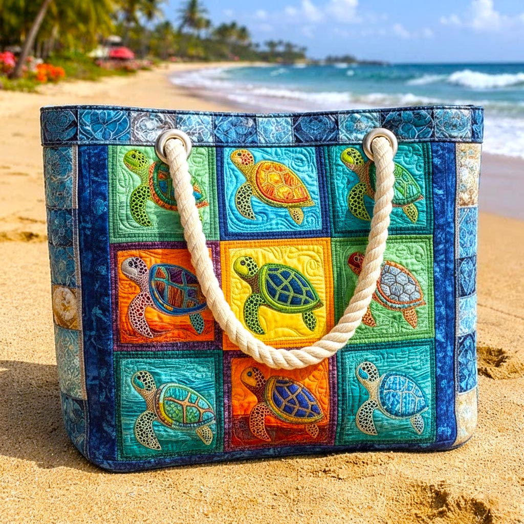 Tranquil Turtle quilted beach bag in large summer tote style