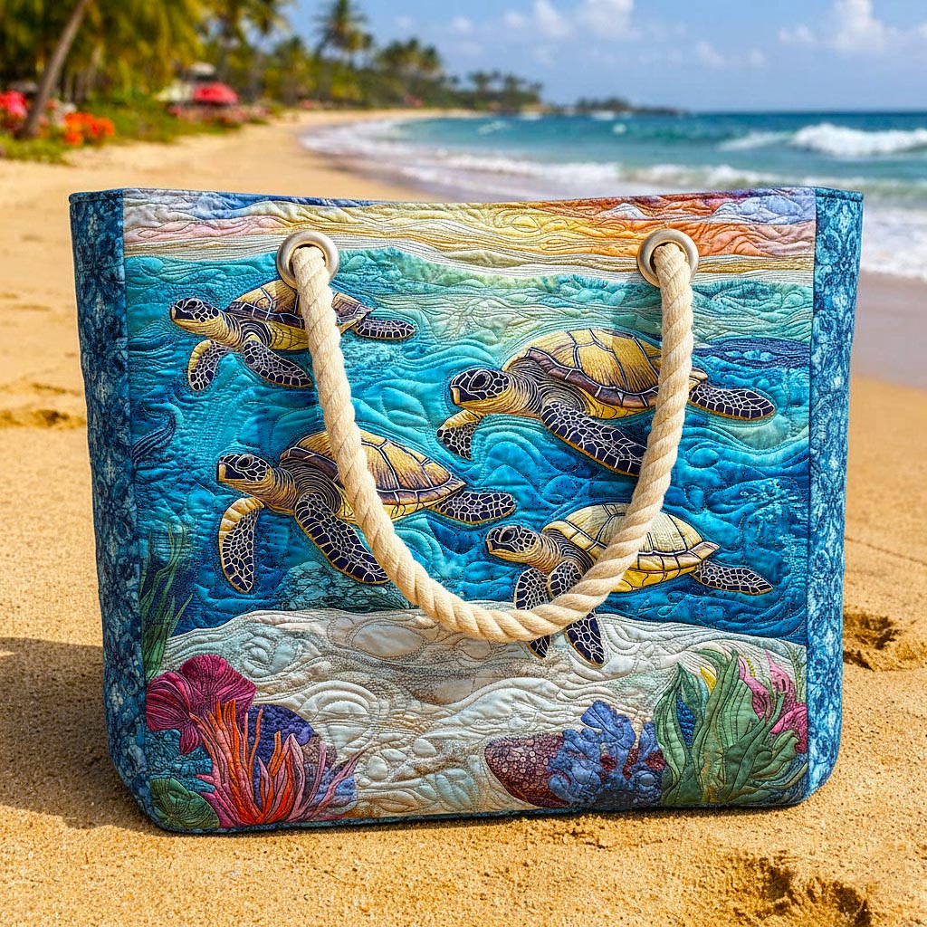 Marine Turtle quilted beach bag in large summer tote style